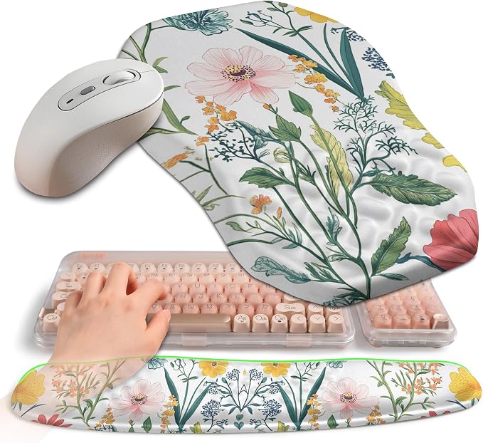 2-in-1 Ergonomic Set, Wave Keyboard Wrist Rest and Massage Slope Mouse Pad Wrist Support, Rebound Memory Foam for Relieve Carpal Tunnel Syndrome and Wrist Pain (Pink Flowers) by Gleamtide