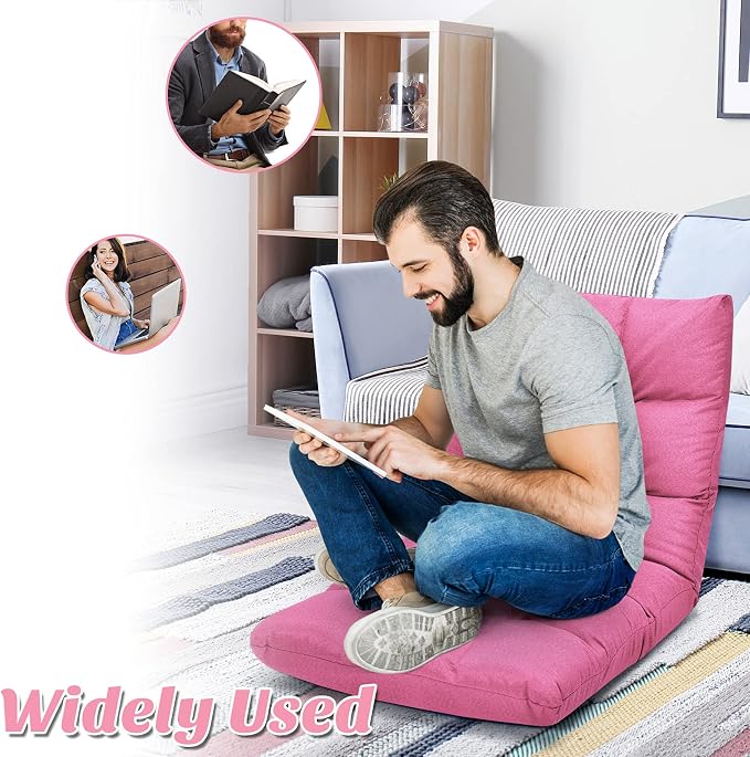 Giantex Adjustable Floor Gaming Sofa Chair 14-Position Cushioned Folding Lazy Recliner High Resilience Sponge, Breathable Cotton & Linen Fabric Sleeper Bed Couch Recliner (Pink) - Image 6