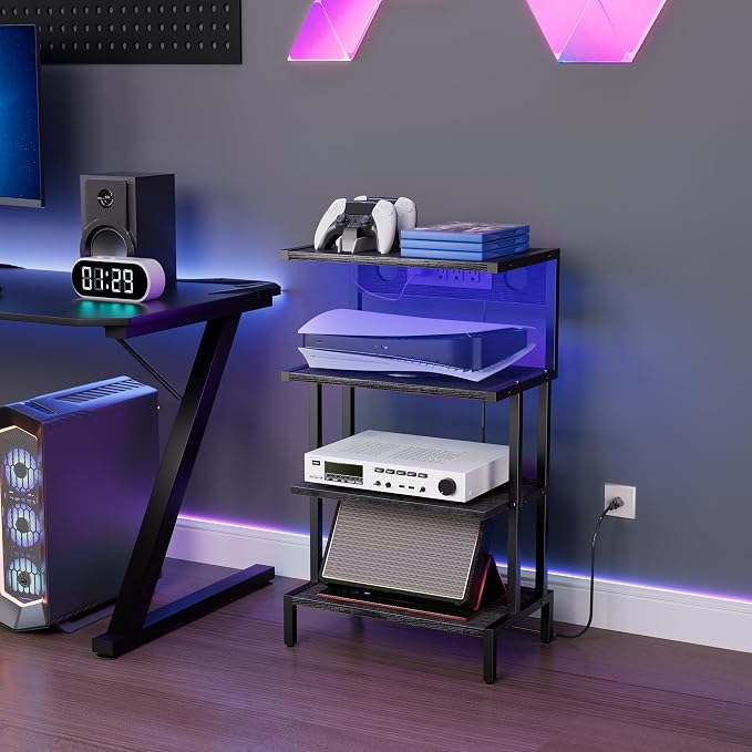 Aquzee Game Console Shelf, 4-Tier Video Gaming Consoles Stand with Outlet & RGB Light, Small Media Entertainment Center for Audio Stereo Storage Organizer Playroom Furniture, Stereo Stands and Racks - Image 2