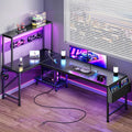 PRAISUN L Shaped Gaming Desk with LED Lights & Power Outlets | Reversible Computer Desk with Storage Shelves & Bag, Large Corner Home Office Desk for Work from Home, Carbon Fiber Black by PRAISUN