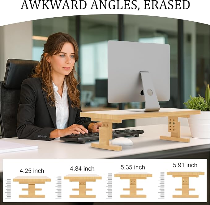 Bamboo Monitor Stand Riser for Desk with 4-Level Height Adjustment | Ergonomic Computer Riser, Desktop Organizer Shelf, Sturdy 100 lbs Support, Height Adjustable Laptop Stand, Warp-Proof, Large - Image 2