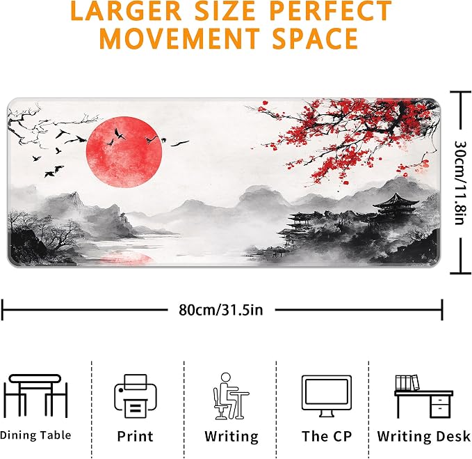 Japanese Watercolor Cherry Blossoms Desk Mat, XL 31.5"x11.8" Large Mouse Pad, Sakura Extended Gaming Mouse Mat,Non-Slip Rubber Base Waterproof with Stitched Edges for Gaming Office Home Decor - Image 3