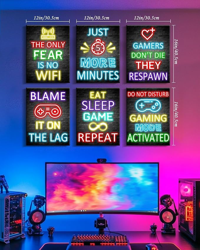 KUVIOKE Video Gamer Room Decor for Teen Boys Gaming Wall Art Gamer Neon Sign Teenage Bedroom Decor Ready to Hang Set of 6, 12x16in (Framed) - Image 4
