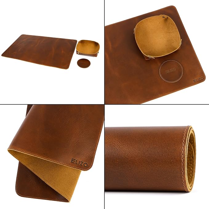 Elizo Real Leather Desk Mat Set (24X14) Large Desk Cover Desk Blotter Protector Computer Gaming Mouse Pad Table Laptop Office Desktop Accessories Antique - Image 7