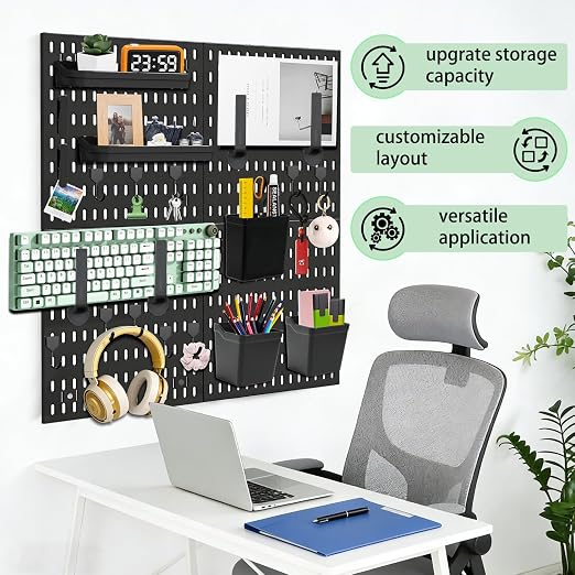 Wall Mount Wall Organizer Pegboard for Gaming & Office, 4 Pack, 12x12 Inch | Pegboard Wall Organizer Kit with Hooks, Shelves, Clips and Bins to Organize Office, Gaming Supplies, Wall Mounted Peg Board - Image 6