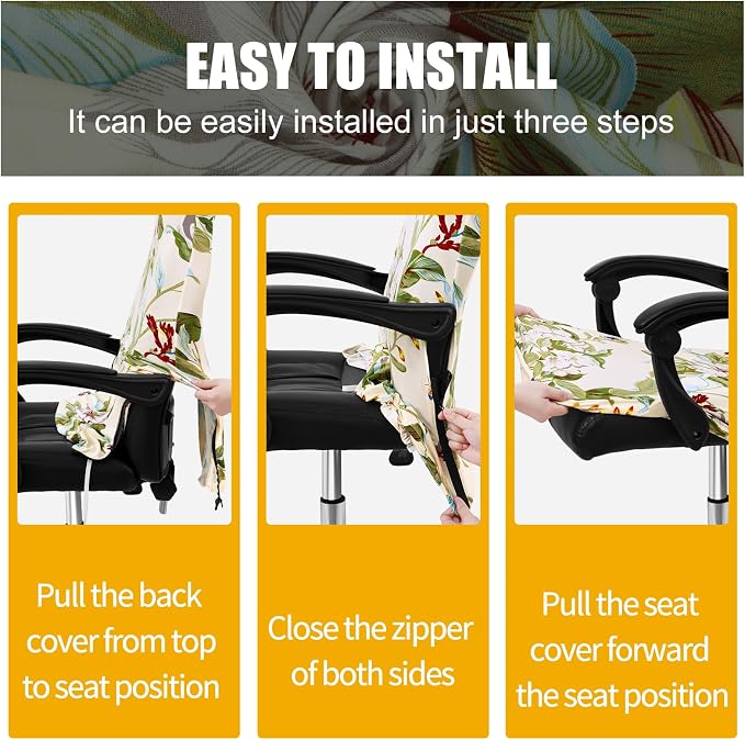 Smiry Office Computer Chair Cover with Armrest Covers, Beige and Green | Stretch Printed Universal Removable Washable Desk Rotating Chair Slipcovers, Soft Anti-Dust Spandex Protector with Zipper - Image 6