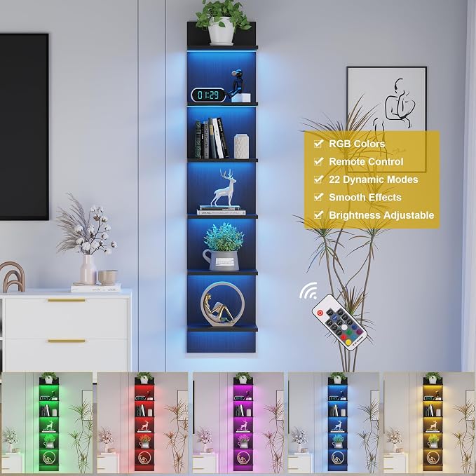 Qupui 6-Tier Wall Shelf with LED Remote, 57" Floating Storage, Black - Image 6