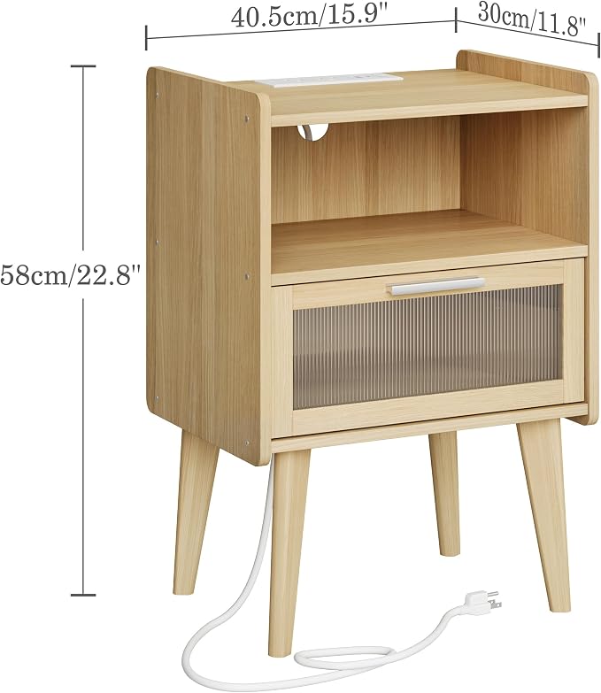 MMEOLUOOK Nightstand with Charging Station, Bedside Tables with Glass Decorative Door, Natural End Table, Side Table with 2 Tiers Storage Space for Bedroom Living Room CAMLBZ07YE - Image 3