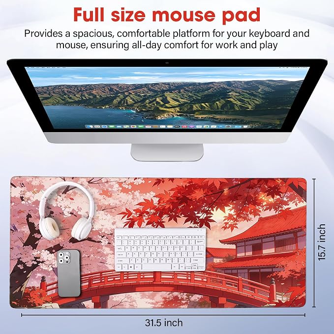Large Mouse Pad 31.5x15.7 Inch - Starter Desk Mat, Maple Leaf | Office and Gaming Non Slip Rubber Bottom Stitched Edges Easy Clean - Image 2