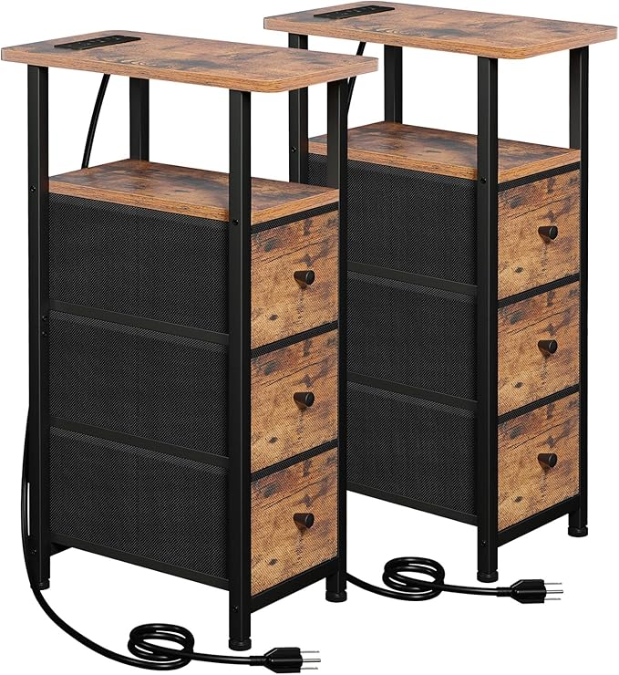 LOAKEKEL Narrow End Tables Living Room Set of 2 with Charging Station by LOAKEKEL
