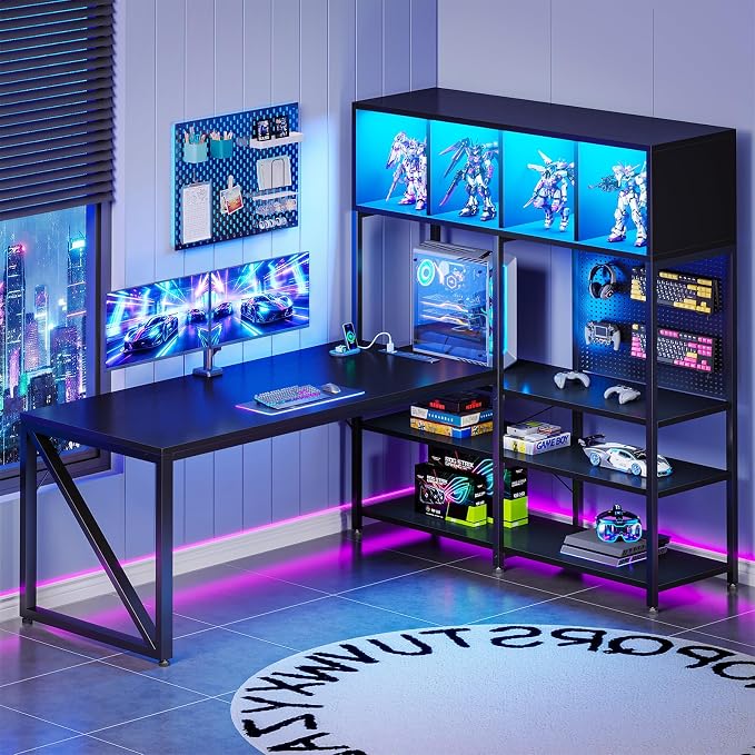 AODK 63" L Shaped Gaming Desk with Display Hutch and Large Desktop, Black | LED Lights, Power Outlets, PC Tower Display Shelf, Pegboard, Storage Shelves, Reversible Layout for Gaming and Home Office by AODK