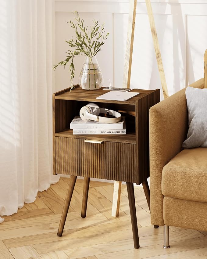 JOONEE Nightstand with Outlet,Modern Bedside Table with Storage Drawer and Open Wood Shelf, for Living Room, Bedroom and Small Spaces, Accent Night Stand with Solid Wood Legs, Easy Assembly,Brown - Image 6
