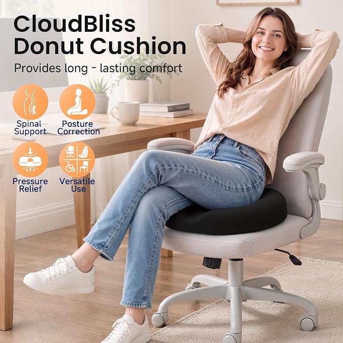 CloudBliss Donut Pillow Stadium Seat Cushion for Tailbone Pain Relief and Hemorrhoids, Memory Foam Seat Chair Cushion, Portable Seat Cushions for Bleachers, Car, Home & Office - Image 7