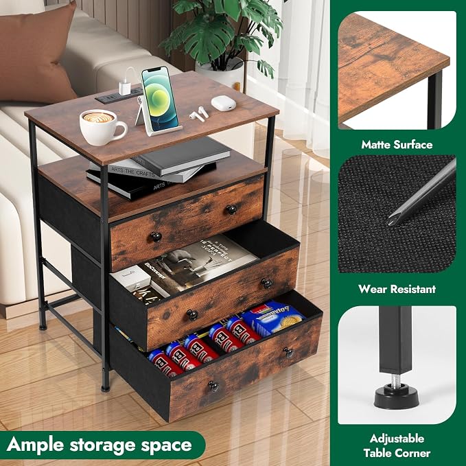 3-Drawer LED Nightstand Set 2 with Charging Station, Rustic Brown - Image 4
