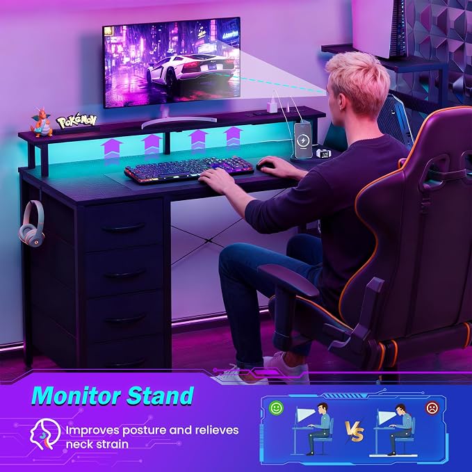 51 Inch Gaming Desk with Drawers & PC Tower Stand & LED Lights, Black - Image 7