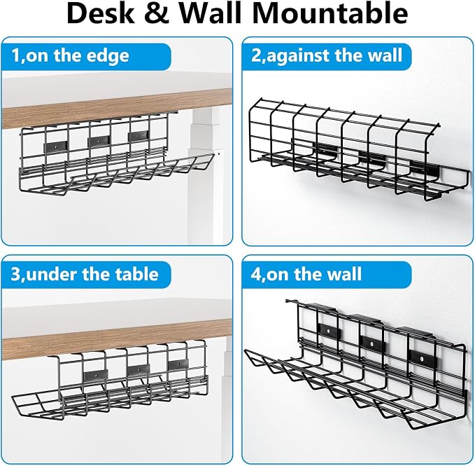2 Pack DELAMU Under Desk Cable Management Tray, Metal Cord Cable Organizer for Desk, Easy Install Pre-drilled Wire Management Wire Organizer for Office & Home - Image 5
