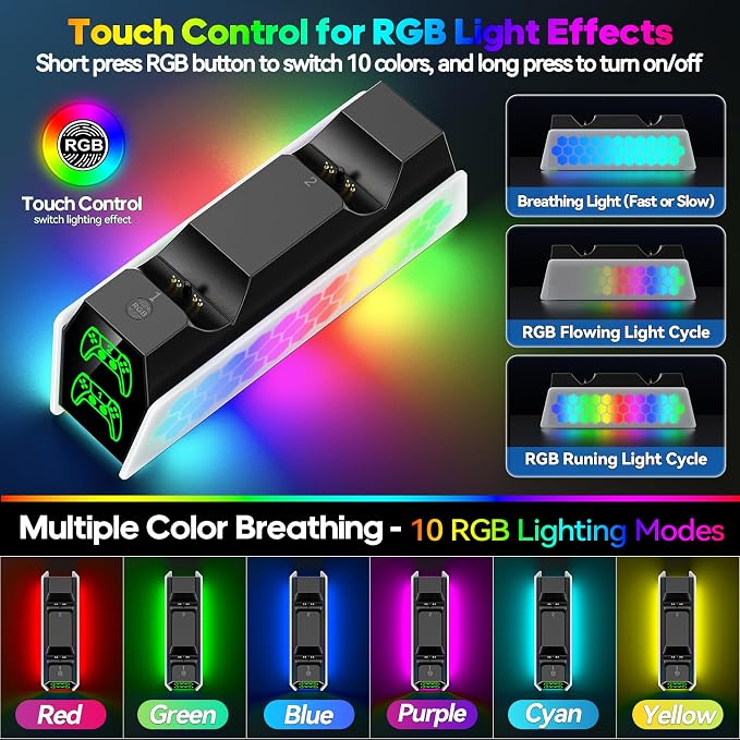PS5 Controller Charger Station Compatible with DualSense & Edge Controllers, PS5 Charging Station Docking with RGB Light & LED Indicator for PS4 Controller Charger - Image 2