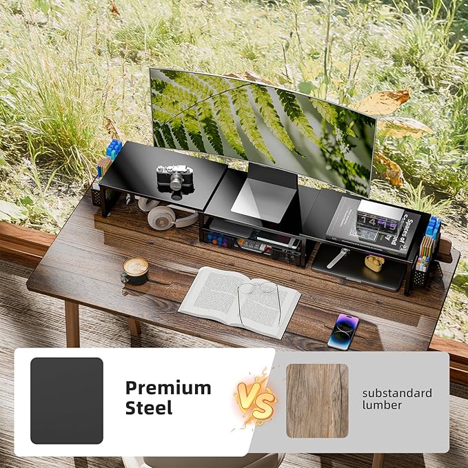 Simple Trending Dual Monitor Stand with Drawer and 2 Pen Holders, Black | 42"L x 9.5"W x 4.75"H. Sturdy metal. Fits 2 monitors. Reduces neck strain. Drawer + 2 pen holders. Easy assembly. 24h support - Image 3