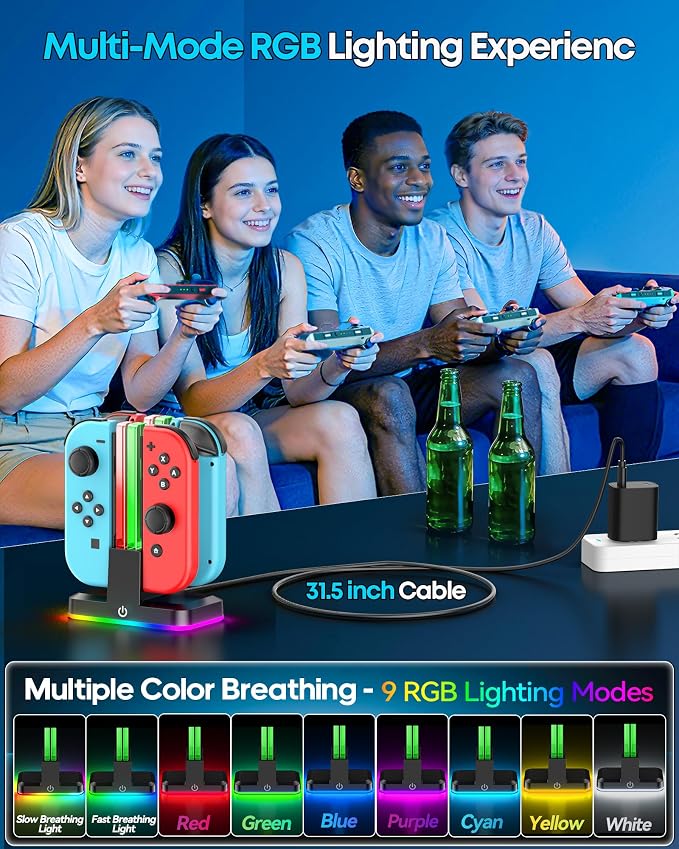 Switch Joycon Charger for SW 1 Model with 9 RGB Light Modes, Switch Controller Charger Stand with LED Indicators, SW Charging Dock Station for 4 Joycon Charging - Image 6