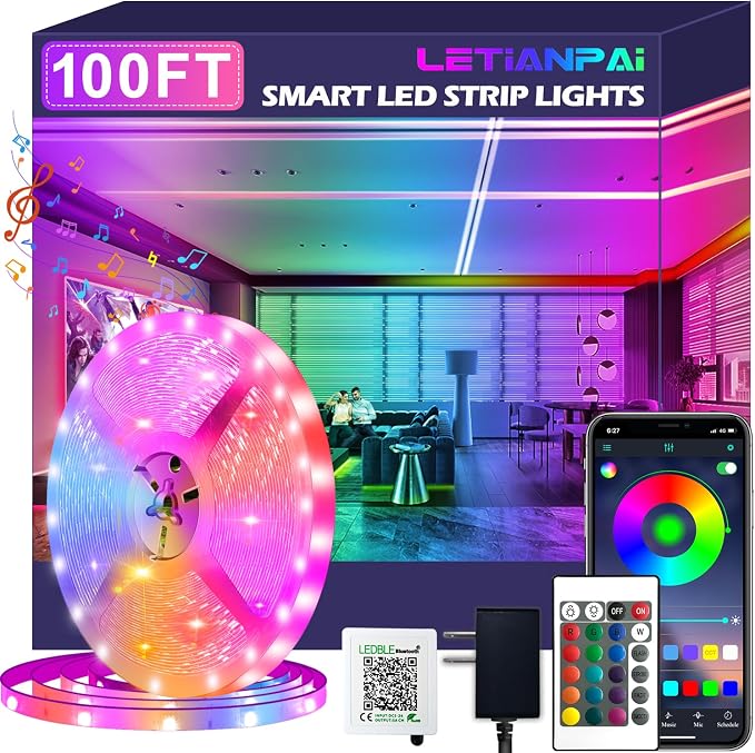 100ft Led Strip Lights,Long Smart Led Light Strips Music Sync 5050 RGB Color Changing Rope Lights,Bluetooth APP/IR Remote/Switch Box Control Led Lights for Bedroom,Home Decoration,Party,Festival by LETIANPAI