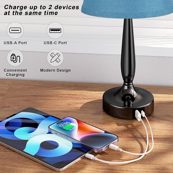 Touch Bedside Lamp for Bedroom with USB C Port, Small Touch Table Lamp with 2 USB Charging Ports, 3 Way Dimmable Nightstand Lamp for Living Room and Office - Turquoise Blue (LED Bulb Included) - Image 4