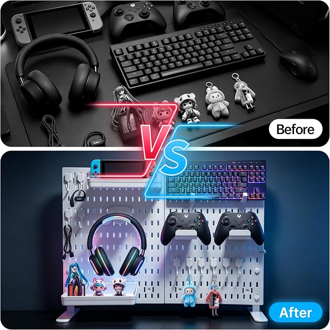 Gaming Desk Organizer, No-Drill Freestanding Desk Pegboard with Headphone Stand, Controller Holder, Keyboard Stand & Shelves, 5-in-1 Gaming Setup Accessories for Dorm Room & Home Office, White - Image 5