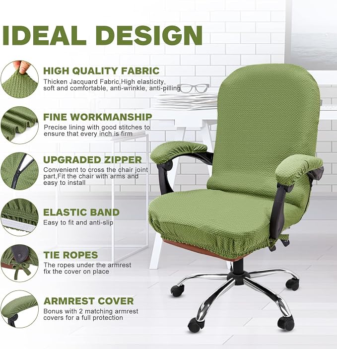 NeColorLife Office Chair Cover with Armrest Covers,Large,Green | Stretch Thick Jacquard Fabric Fits Most High-Back Executive and Desk Chairs; Machine Washable,Includes 2 Armrest Covers - Image 3