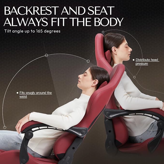 Dowinx Big & Tall Vintage Gaming Chair for Adults, 400 lb Capacity Heavy Duty Ergonomic Computer Chair with Massage Lumbar, Footrest & Easy Side Recline, Red - Image 8