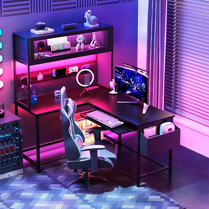 L Shaped Gaming Desk with Power Outlets & LED Lights, 39'' Small Reversible Computer Desk with Hutch & Pegboard & Display Cabinet, Corner Home Office Desk with Keyboard Tray & Storage Bag, Black - Image 2