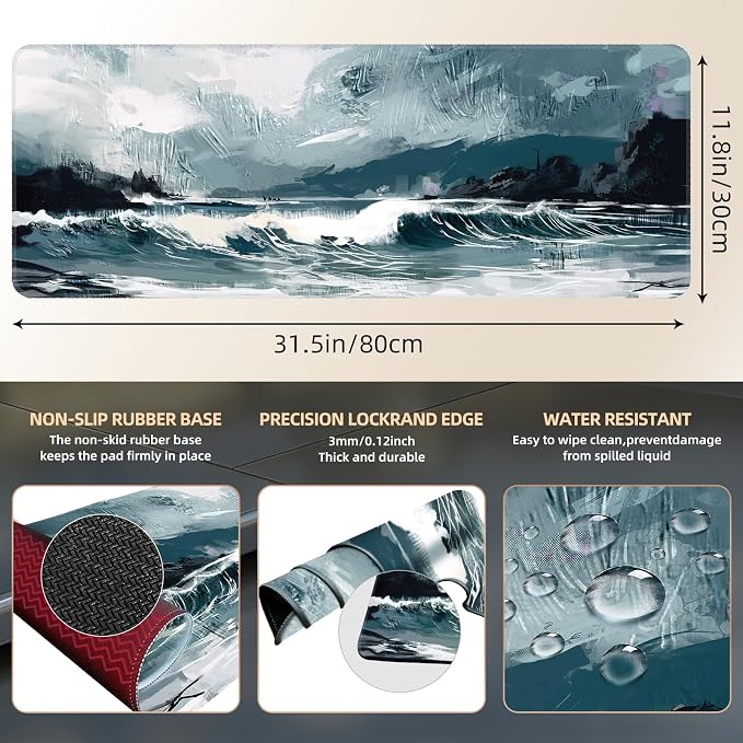 Galdas Gaming Mouse Pad XXL XL Large Long Extended Big Mousepad Non-Slip Rubber Keyboard Mouse Pad with Stitched Edges for Laptop Home Office (31.5x11.8x0.08 Inch) … (Ink Painting) - Image 3
