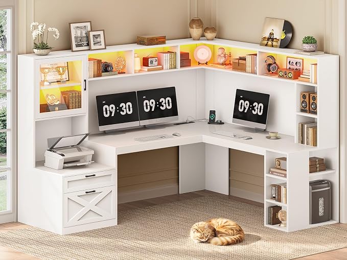 SEDETA Farmhouse L Shaped Office Desk with Double Hutch, Storage Drawers by SEDETA