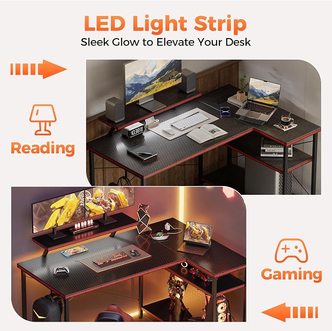 Mericonia 40 in Corner Desk with Monitor Stand, Small L Shaped Gaming Desk | Reversible Computer Desk with Power Outlets, LED Light & Storage Shelves, Office Table for Home Bedroom Study Work Writing - Image 8