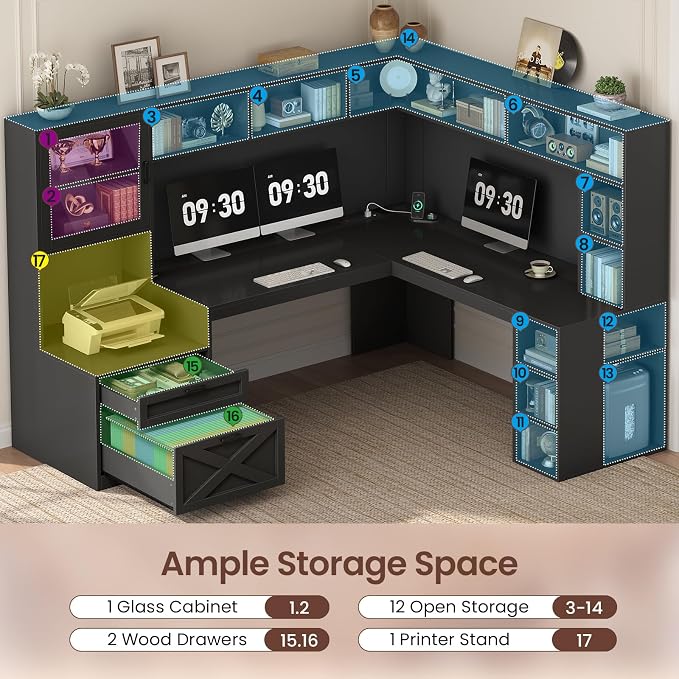 SEDETA Farmhouse L Shaped Computer Desk with Double Hutch, Storage Drawers - Image 4