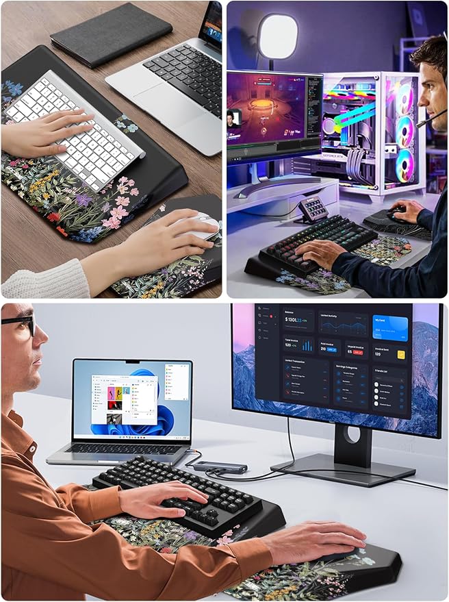 3-in-1 Ergonomic Keyboard Stand with Wrist Rest & Mouse Pad Set, Flower | Comfy Keyboard Riser Holder Soft Mousepad with Massage Design, Memory Foam and Non-Slip PU Base for Pain Relief - Image 7