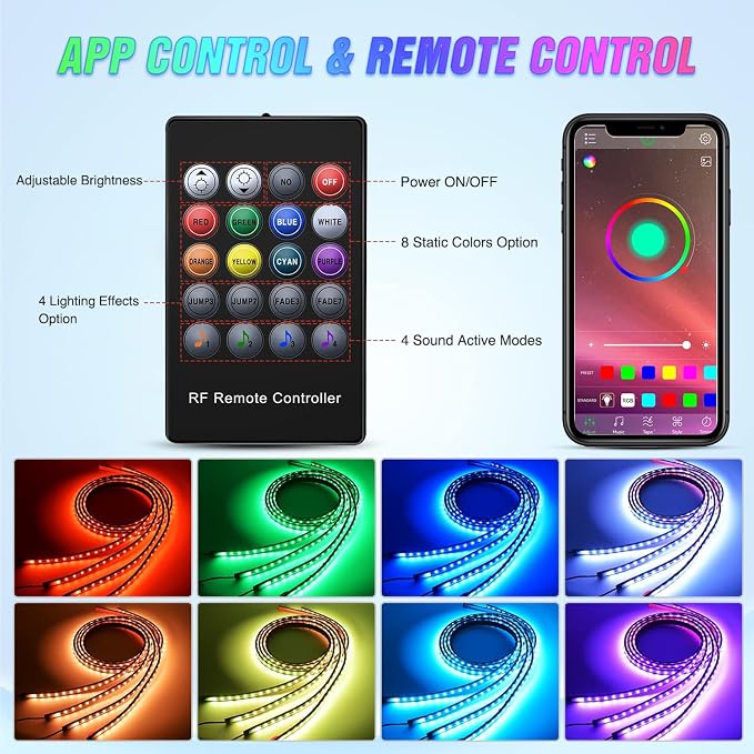 Nilight 4PCS RGB LED Underglow Lights Strip with APP & Remote Control - Image 3