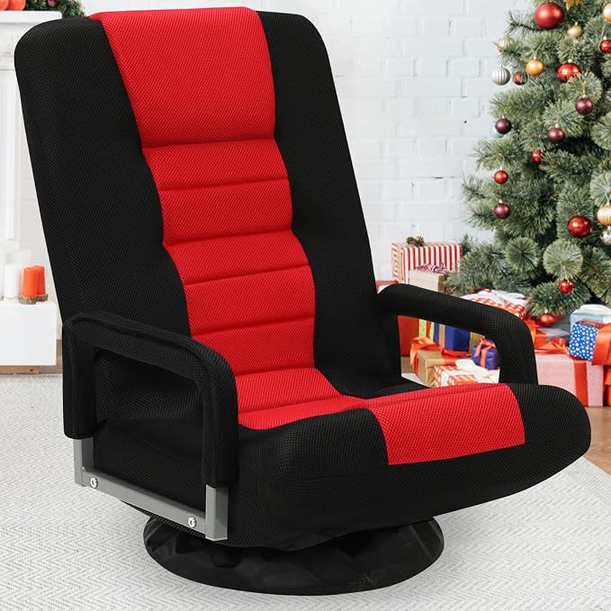 Swivel Floor Gaming Chair w/Armrests,Folding Video Reclining Sofa w/6 Adjustable Position, Padded Backrest & Cushion, Lazy Lounger Couch for E-Sports, Reading, Relaxing, Watching TV, Red - Image 2