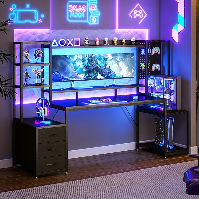 AODK 76 Inch Gaming Desk with Storage Shelves, LED Lights, 3 Drawers | PC Desk with Hutch & Pegboard & Large Desktop, Reversible Computer Desk for Home Office, Carbon Fiber Black - Image 2
