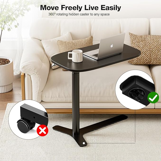 Muvai Overbed Bedside Table with Hidden Casters,30 Inches Adjustable Height Pneumatic Mobile Laptop Standing Desk, Rolling Computer Table for Home & Hospital Use ，Black 30" W x 17.7" D - Image 4