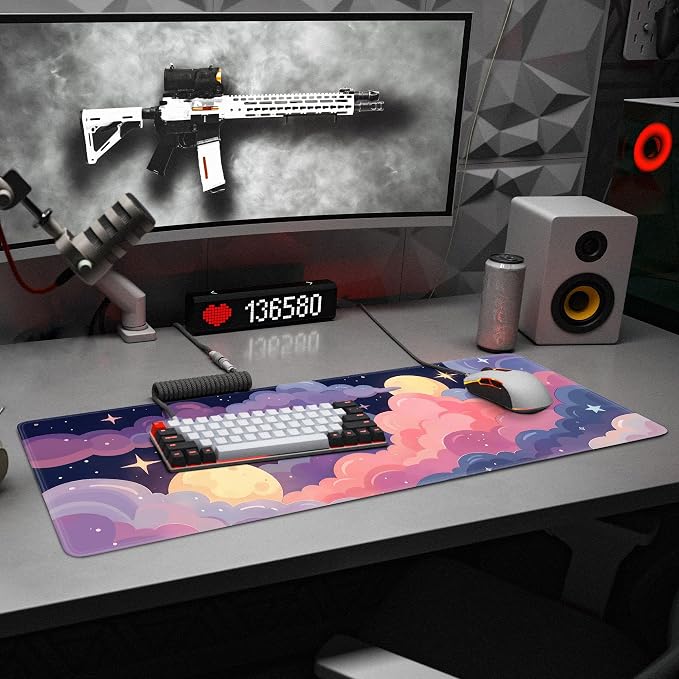 Cute Mouse Pad Kawaii Large Desk Mat Extended Keyboard Mouse Pad Pink Purple Cloud Mousepad with Non-Slip Base and Stitched Edge Gaming Mouse Mat Desk Pad 31.5 x 11.8 Mouse Pads for Desk Home Office - Image 6