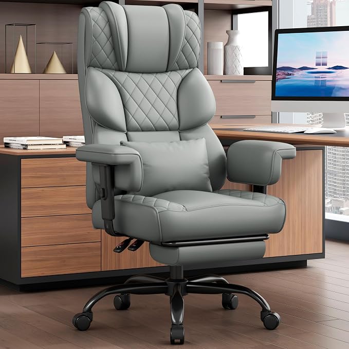 Vonesse Office Chair, Desk Chair with Soft Adjustable Armrests, Ergonomic High Back Gaming Chair with Lumbar Support, Executive Computer Chairs with Footrest (PU Leather, Gray) by Vonesse
