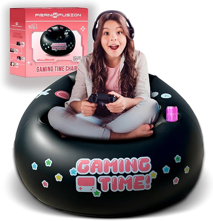 Inflatable Gaming Chair for Kids & Teens with Cup Holders and Side Pocket - This Air Gaming Bean Bag Chairs for kids is The Perfect Furniture for Gamer Room Decor - Perfect Gaming Stuff for boys 4-12 by FranFusion