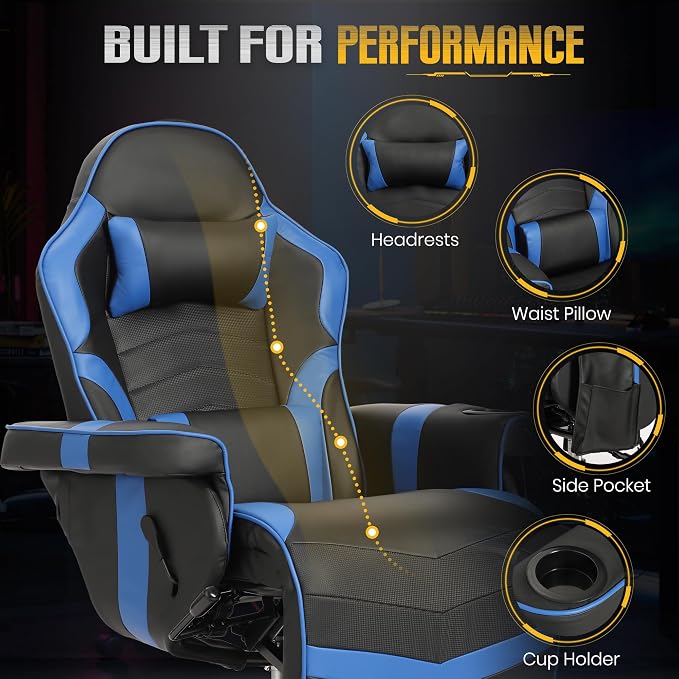 Massage Gaming Recliner Chair with Cup Holder & Side Pockets – Ergonomic PU Leather Video Gaming Chair with Footrest, Manual Recline, Headrest & Lumbar Support for Office or Game Room (Blue) - Image 6