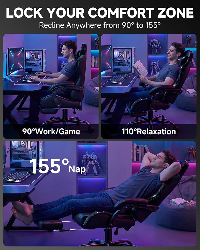 GTPLAYER Gaming Chair, Computer Game Chair for Adults, Colorful Black | Ergonomic Comfort Video Game Chair with Footrest 90-155°Recline, Head Lumbar Support & Height Adjustable for Office Gaming - Image 4