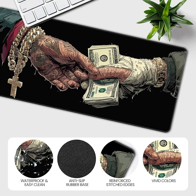 Extended Gaming Mousepad with Cross and Dollar Bill Designs, 35.4 x 15.7 inches, Featuring a Non-Slip Base and Waterproof Surface, Suitable for Home Office and Work environments. - Image 5