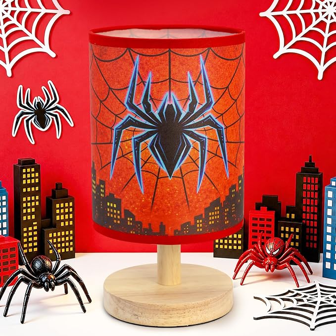 Spider Table Lamp for Boys - Spider Night Light & Bedroom Bedside Lamp with Linen Lampshade and Wooden Stand, Cartoon Nursery Lamp for Desk, Home Decor by MASTRON