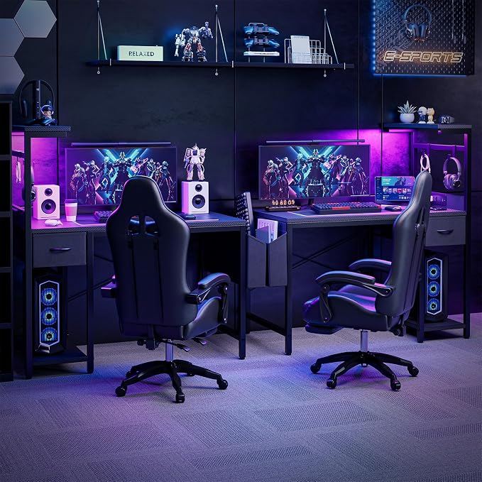 Grandder Gaming Desk 47 Inch with Power Outlet and LED Light, Computer Desk with Reversible Shelves and Storage Drawer, Pc Small Desk for Home Office Table with Bag, Carbon Fiber Black - Image 4