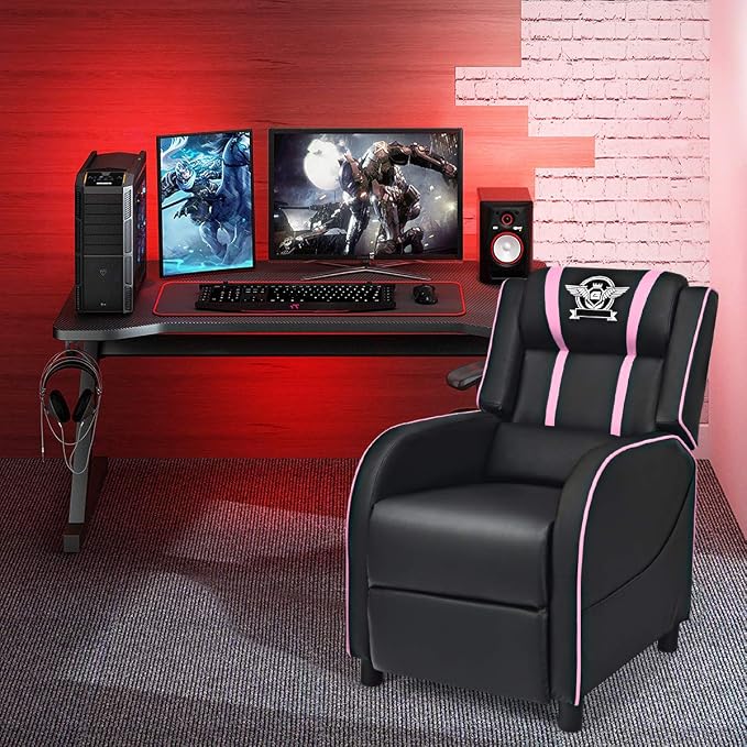 Giantex Gaming Recliner Chair, Adjustable Massage Gaming Chairs for Adults, Ergonomic Comfortable Lounge Leather Sofa w/Footrest, Remote Control & Side Pocket, Racing Style Single Sofa Recliners, Pink - Image 2
