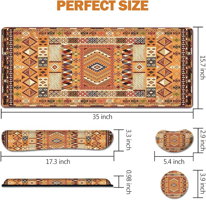 AIMSA Desk Mat Set, Large Mouse Pad + Mouse Wrist Rest + Keyboard Wrist Support + Coaster, Bohemian Style 4in1 Rug Gaming Mouse Pad Combo for Home Office, Orange - Image 7