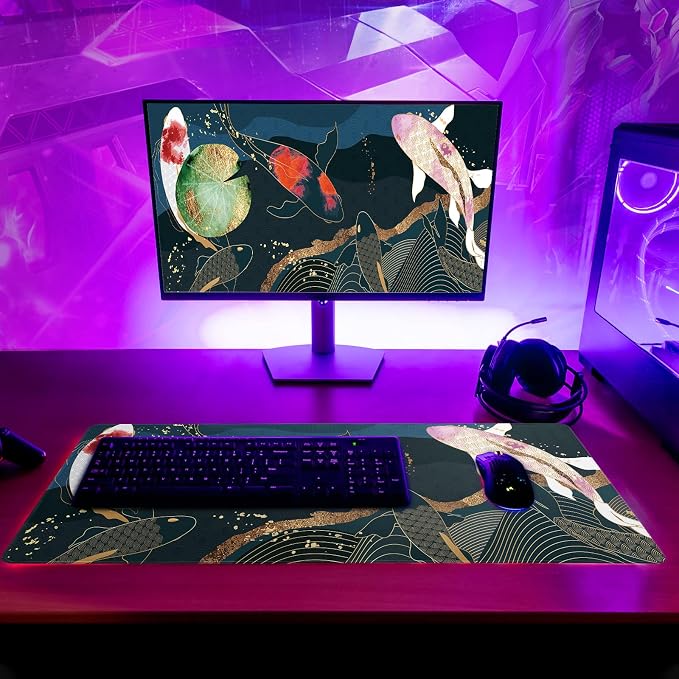 Japanese Gaming Mouse Pad XL - Extended Large Mouse Mat Desk Pad, Stitched Edges Mousepad, 3mm Thick Long Non-Slip Rubber Base Mice Pad, 31.5 X 11.8 Inch - Koi Fish Art - Image 3