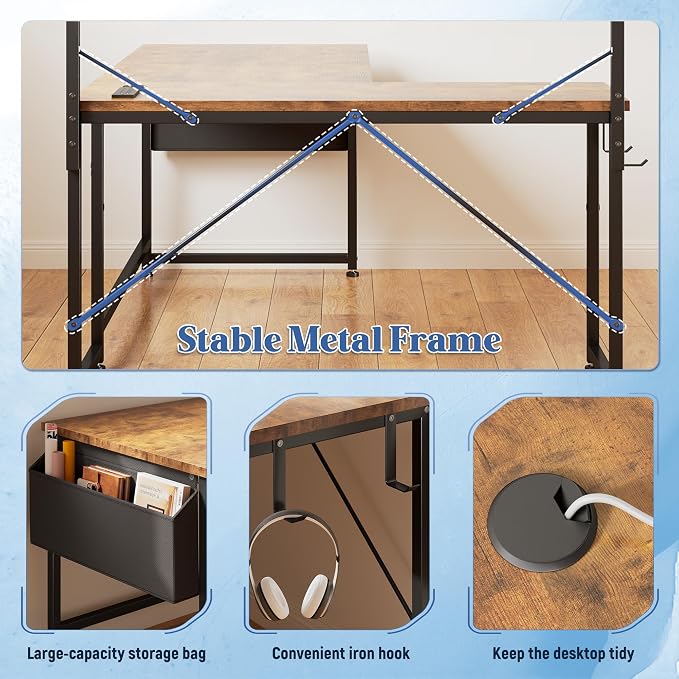 DurayLoly Computer Desk with Storage Shelf,Side Bag,Hook for Home Office - Image 7